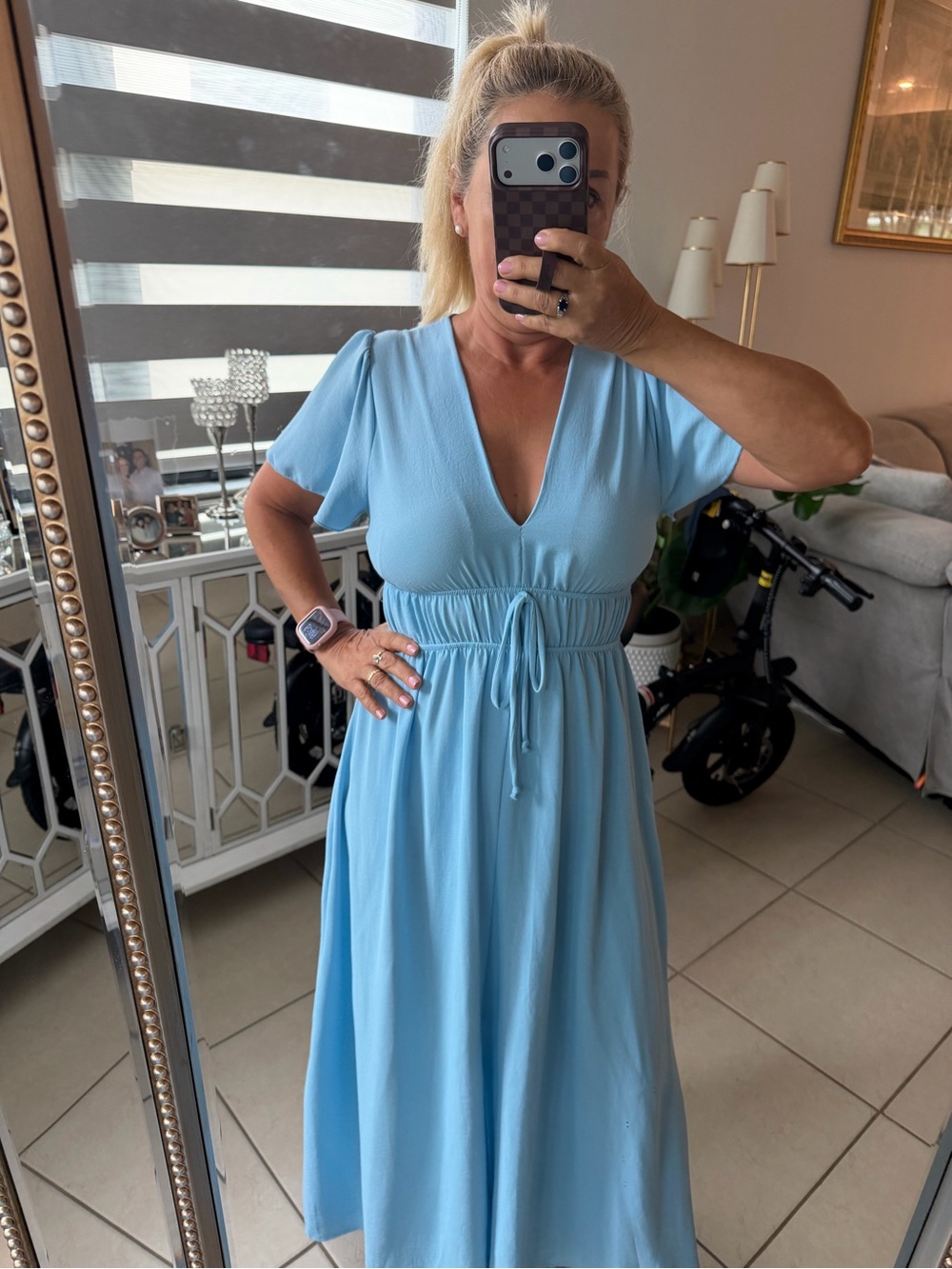 See You Monday Pale Blue V-Neck Maxi Dress with Cinch Waist